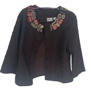 Chicos Jacket Women Size 0 (S) Brown Coat Art To Wear Beaded Collar Lined